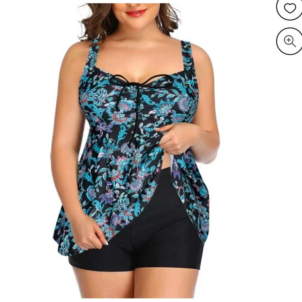 Plus Size 2 Piece Ruffle Bathing Suit Drawstring Tank with Boyshorts